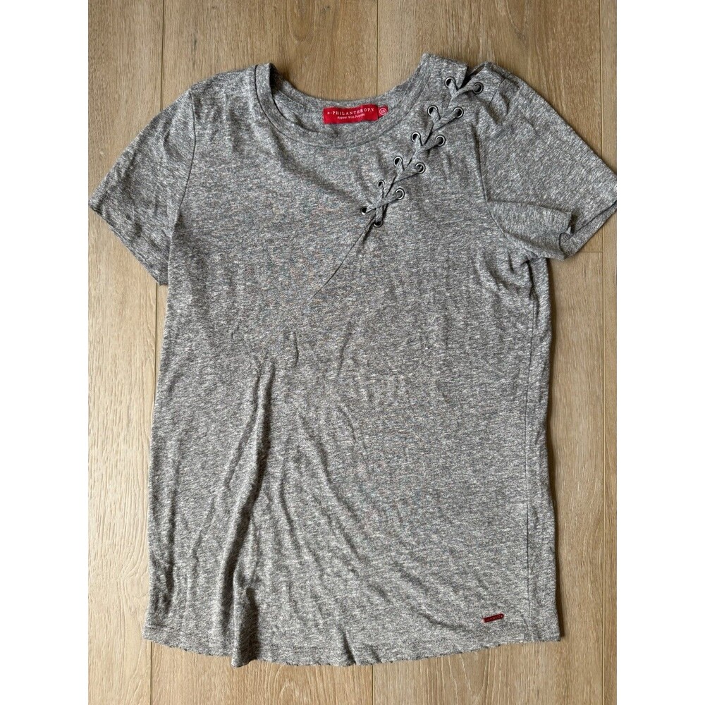 n:PHILANTHROPY Gaia Lace Front Distressed Gray Tee XS